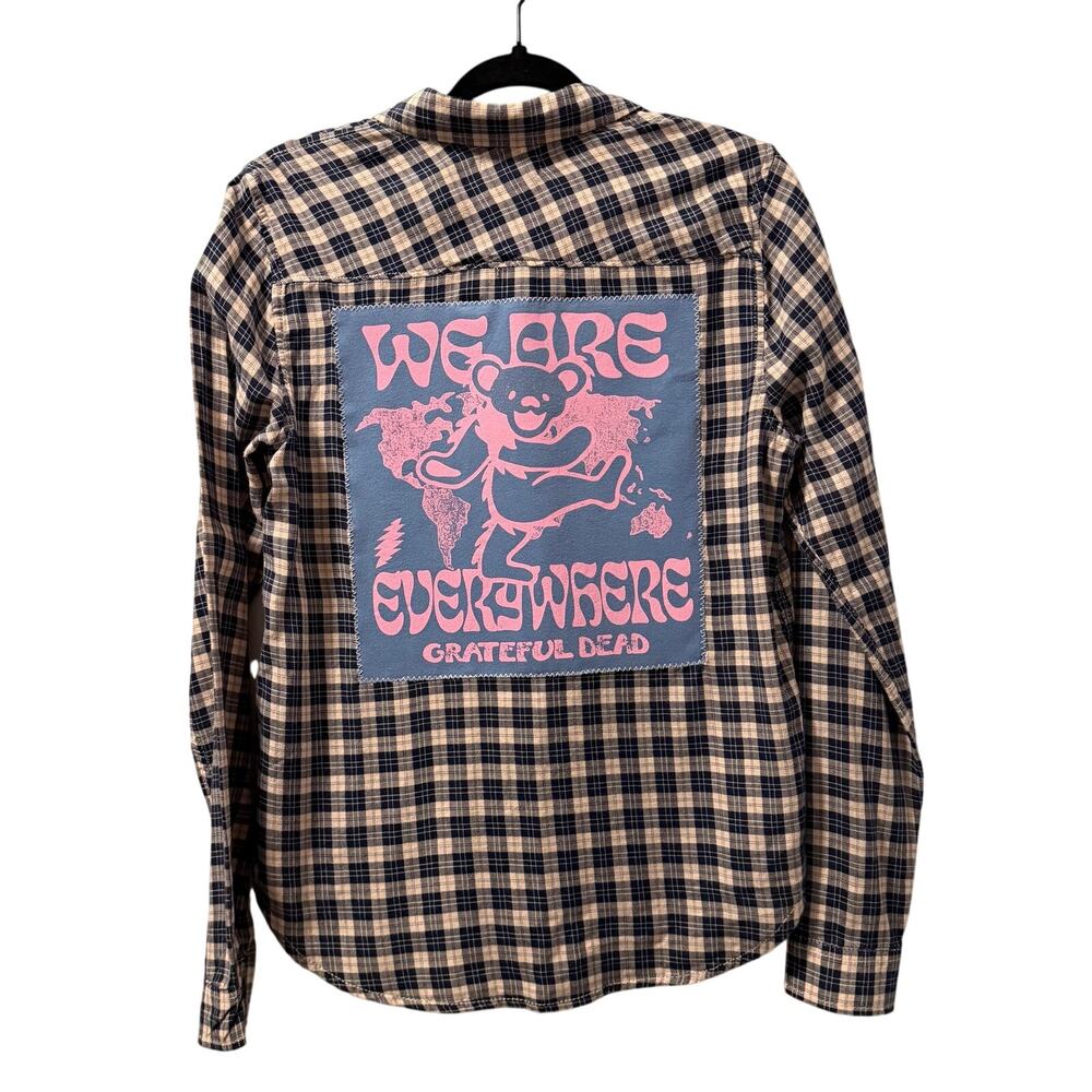 Grateful Dead Bear upcycle pink and navy button up